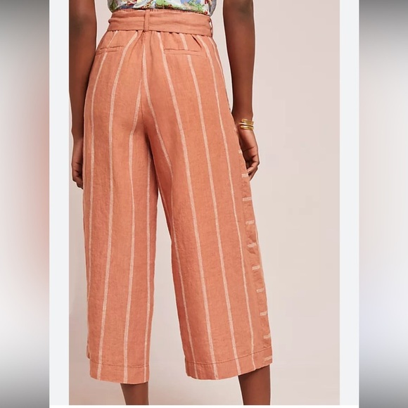 Anthropologie Pull On Belted Cropped Linen Blend Salmon / Cherry Stripe Pants - Picture 6 of 7